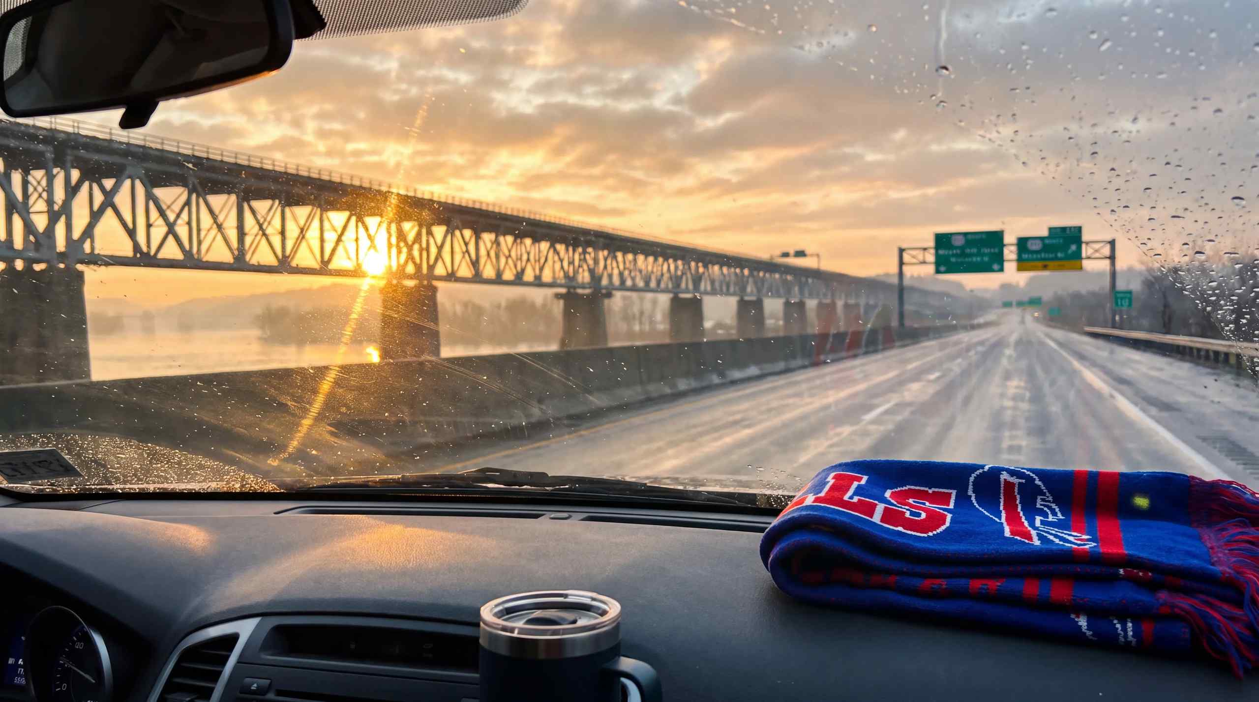 A Buffalo Bills road trip with a Bills scarf on the dash of a car.